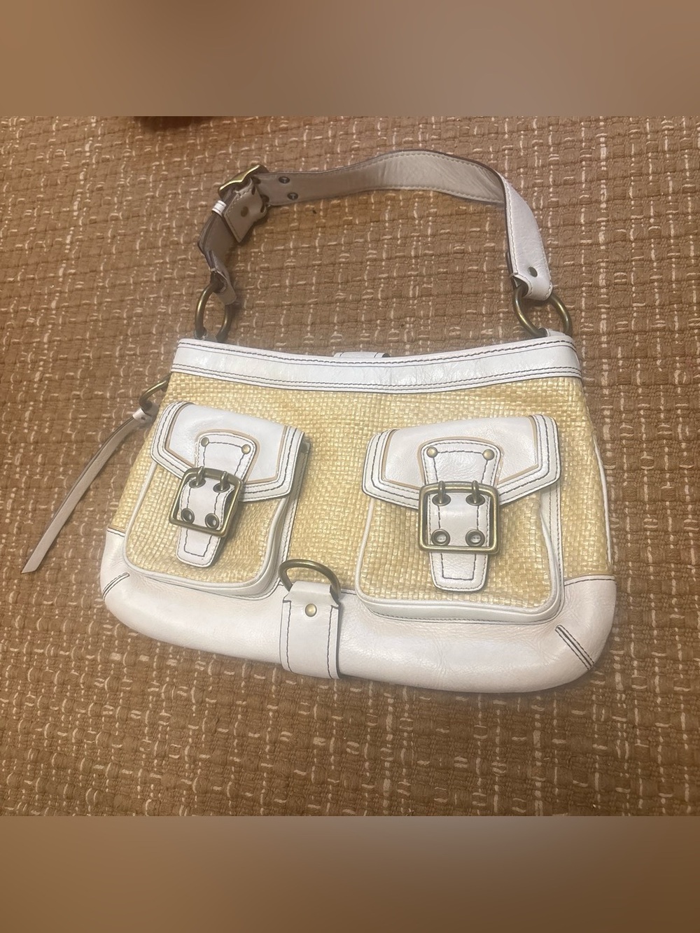 Coach Vintage White & Yellow Straw-Accent Shoulder Bag